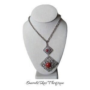 SARAH COVENTRY Necklace/Brooch Inca Fire Silvertone Red Glass pendant free ship